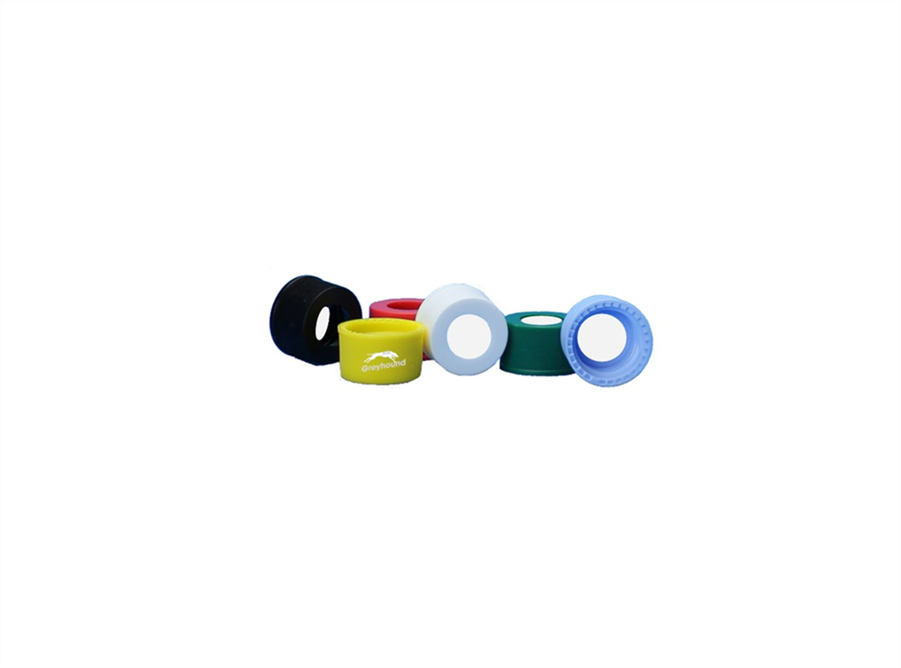 Picture of 9mm Open Top Screw Cap, Yellow with Red PTFE/White Silicone Septa, 1mm, (Shore A 45)